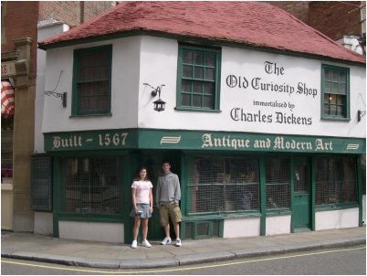 Two Charles Dickens fans visit the Old Curiosity shop
with Harry 