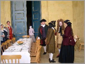 Gathering for lunch with Harry's group are some
very interesting people discussing affairs at the court of King William
and Queen Mary